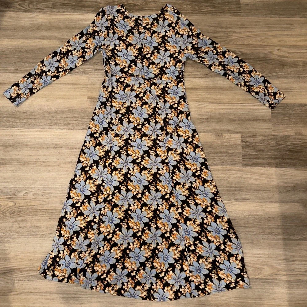 Free People Women's‎ Black Blue Floral Midi Dress Size 8 Medium Slit